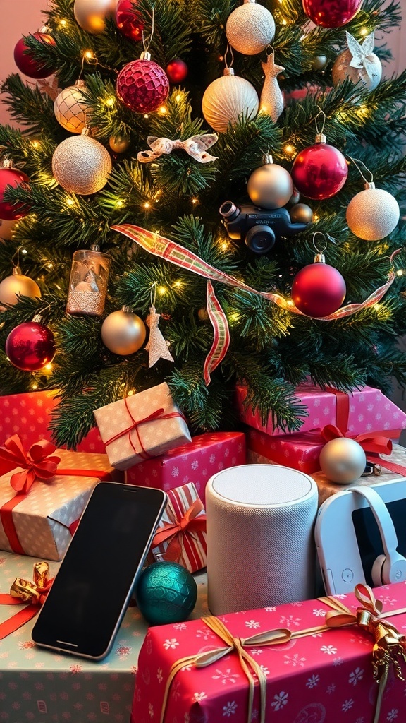 Christmas scene with electronic gadgets under a decorated tree.